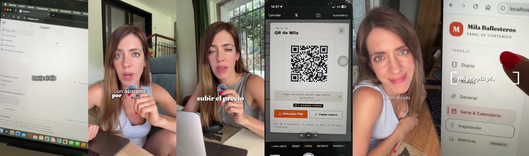 Seis fotogramas de seis reels distintos, uno al lado del otro. En todos, el subtítulo aparece en el mismo sitio, con el mismo tamaño y la misma tipografía.